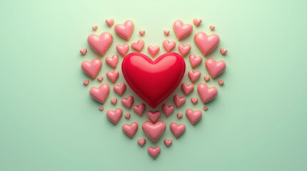 Central Red Heart Surrounded by Smaller Pastel Pink and Gold Hearts Forming a Mandala on a Soft Mint Background