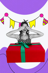 Vertical pop sketch 3d collage of happy girl close eyes secret gift box surprise present...