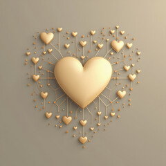 Central Heart Symbol Connected to Smaller Hearts by Thin Golden Lines on a Muted Taupe Background