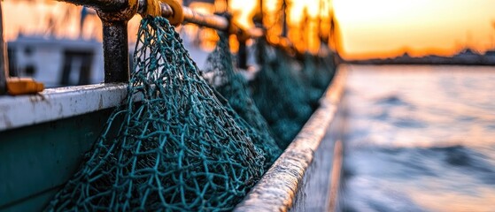 Fishing nets hang on a boat with a sunset as backdrop