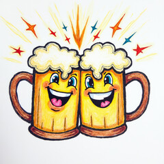 Two Beer Mugs Clinking — Cheers Celebration with Frothy Beer Toast Emoji
