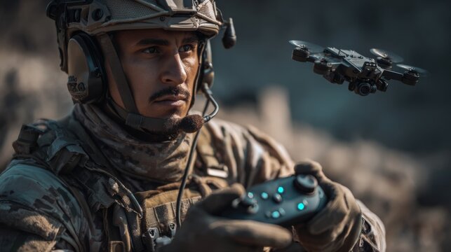 Military drone operation training desert environment action shot technology focus tactical viewpoint