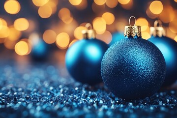 Blue ornaments with glimmering lights. Festive holiday decorations on sparkling silver tinsel
