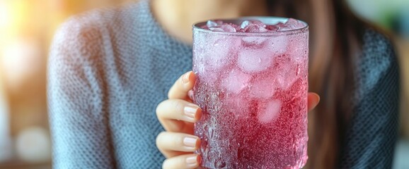 Woman holds a glass of a pink, refreshing drink with ice, condensation visible