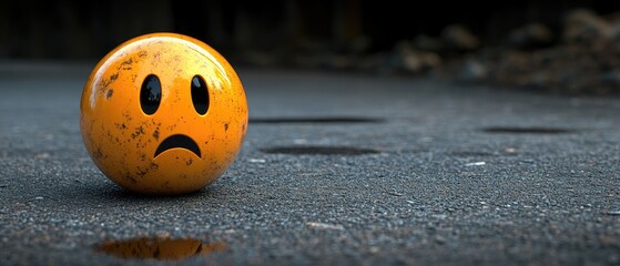 A lonely orange sphere rests on an asphalt surface with pools of water nearby, showing sad expression