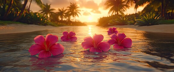 Tropical beach view with flowers floating on the water at sunset with palm trees in the background