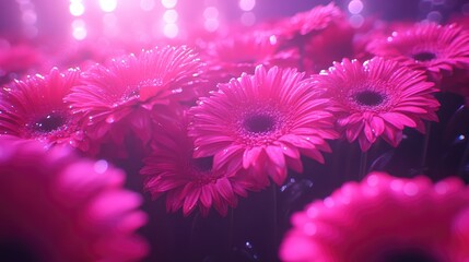 Bright, vibrant pink daisy flowers bloom under a soft, glowing light
