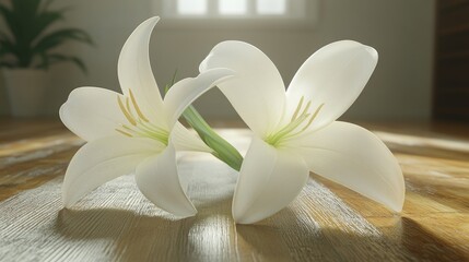 Two white lilies softly lit on a wooden surface, with green foliage blurred in the background