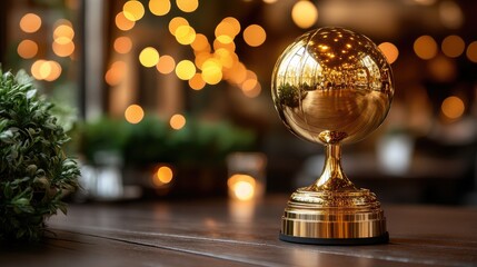 A gold trophy sits on a wooden table with blurred lights in the background