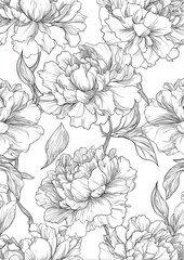 Minimalist line art drawing of peonies and leaves in black outline on a white background. Clean, elegant composition with no shading, perfect for adult coloring pages or relaxation activities.