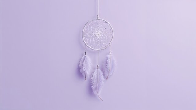 Hanging pastel purple dreamcatcher swaying against purple backdrop, showing hoop beads and feathers - Powered by Adobe