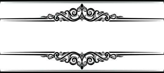 Decorative frame with ornate swirls and straight lines in black ink