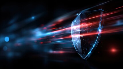 Cyber security concept with shield and light trails in digital environment
