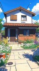 Quaint house charming, bright, two-story home with a colorful garden path under a beautiful sunny, cloudy sky