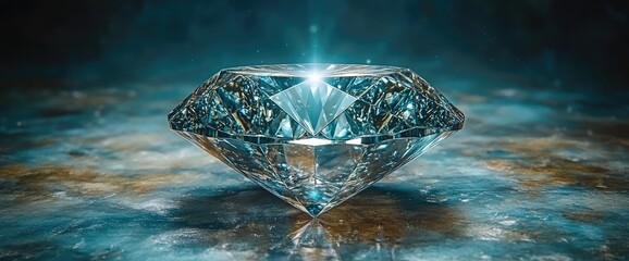A brilliant gem sits atop a swirling blue surface, emanating a radiant light from its core