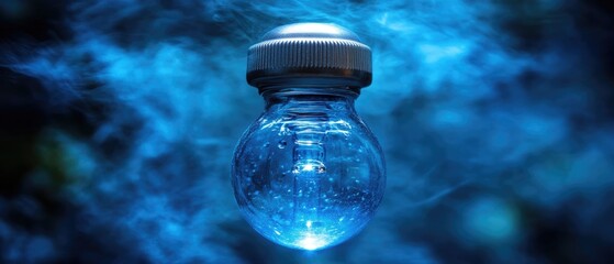 A blue light bulb shines against a hazy, dark background, casting a glowing luminescence