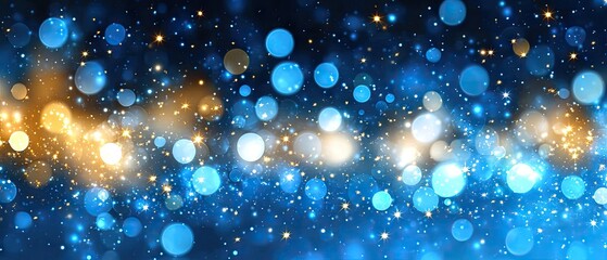 Blue and golden bokeh effect with scattered stars. Sparkling and magical lights abstract