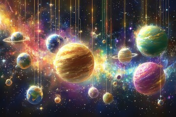 Colorful planets hang within a vibrant cosmic galaxy scene, stars above