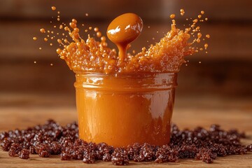 Caramel splashing out of a jar, surrounded by small caramel chunks on a wooden surface