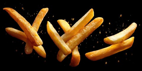 Golden French fries levitate against a black background, sprinkled with seasoning