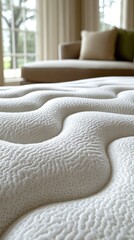 Plush surface of a soft, undulating mattress with beige daybed in background, light filled room