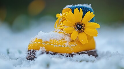 A yellow boot with flower sits in the snow. Soft colors create a sense of calm in nature