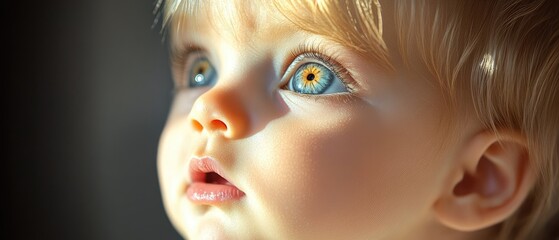 Baby girl with blue eyes, blonde hair looking up in wonder