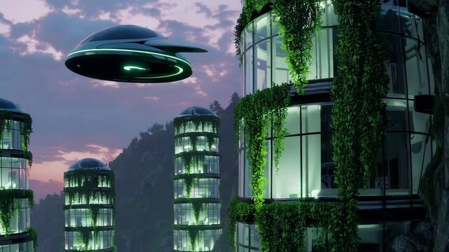 Futuristic Eco-City with Glass Towers, Hanging Gardens, and Dome-Shaped Flying Vehicles &ndash; Clean and Sustainable Urban Concept