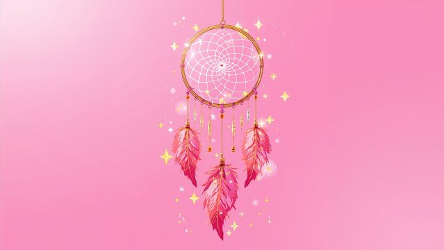 Hanging dreamcatcher with golden frame, web, pink feathers in digital art against pink gradient