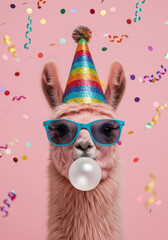 Funny meme pink fur llama blowing bubblegum in sparkling party hat, teal sunglasses amid colorful confetti, pink background, social media birthday humor, party invites, celebration, whimsical postcard
