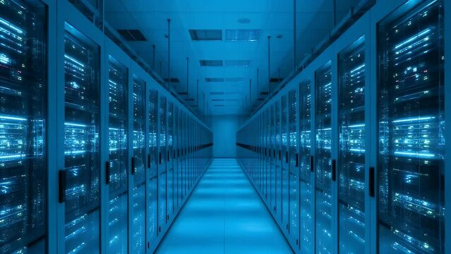 Server room with rows of illuminated computer racks