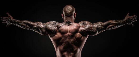 Obraz premium The powerful figure showcasing muscular definition and intricate tattoos against a dark backdrop.