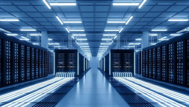 Server room with rows of racks and illuminated cables