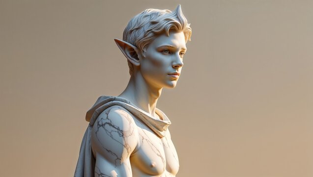 Displaying stylized male elf marble statue standing in studio, with draped cloth and pointed ears - Powered by Adobe