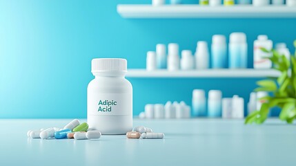 A bottle of Adipic Acid sits prominently on a white table, surrounded by colorful capsules, in a bright and modern pharmacy setting.