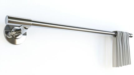 Towel on metal bar, wall mounted, neutral background