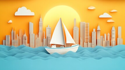 Vibrant 3D Paper Cut Sailboat, City Skyline and Sunset Waves - Themed Poster Background