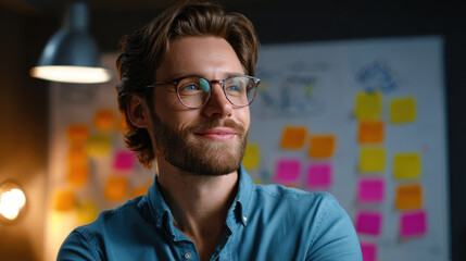 Young man with glasses and beard smiling thoughtfully in creative office with colorful sticky notes on wall