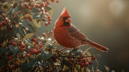 Perching male northern cardinal displaying crest in garden, with red berries and green leaves