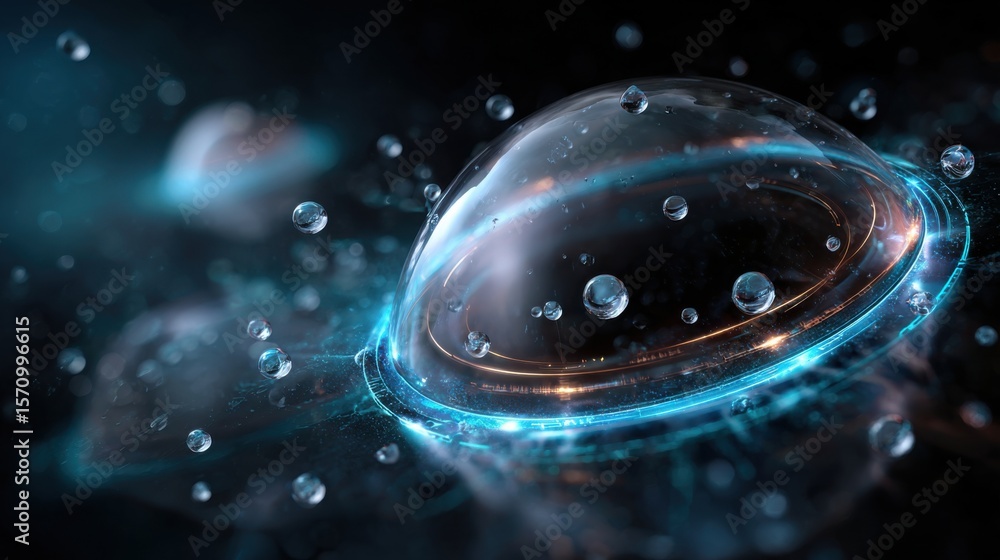 Poster dynamic liquid droplets interaction abstract space digital art futuristic environment close-up view 