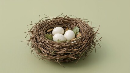 Displaying bird's nest on pale green tabletop, with three white eggs, moss, twigs and dried leaves