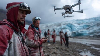 Naklejka premium Drone surveying glacial melting arctic region photography natural environment close-up climate change awareness