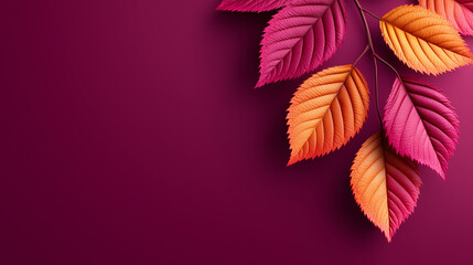 Obraz premium Colorful autumn leaves branch art design, vibrant foliage detail on deep plum background