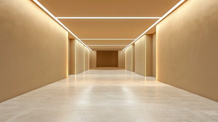 Fototapeta premium A tan corridor with even lighting shows a minimalist, modern interior