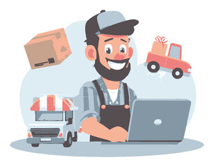 Cheerful Delivery Driver Working on Laptop with Delivery Vehicles Around