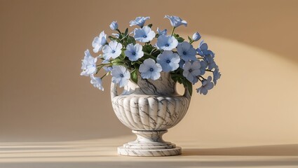 Showcasing carved white marble urn vase on smooth beige tabletop, with pale blue flowers
