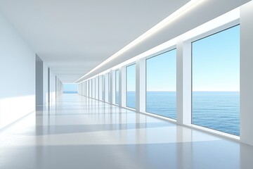 Fototapeta premium Bright, minimalist hallway with large windows revealing a clear sky and calm ocean