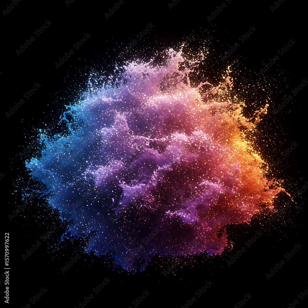Poster colorful powder explosion creating an abstract cosmic nebula effect. dynamic and vibrant dust partic