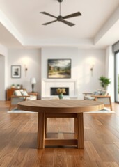 Empty wooden table and blurred background of living room interior for product display Empty room interior design architecture blank design room