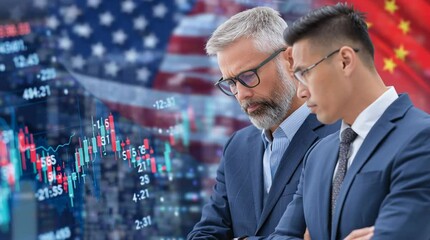 Two businessmen in suits with usa and china flags and stock market data overlayed looking downcast